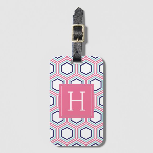 Etiqueta Para Maletas Patrón geométrico rosa y azul monogramado (Anverso vertical)
