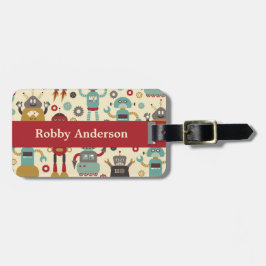 Etiqueta Para Maletas Patrón ilustrado de robots retro divertidos (crema