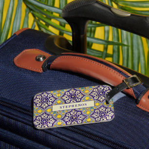 Etiqueta Para Maletas Patrón mediterráneo azul personalizado Flores amar