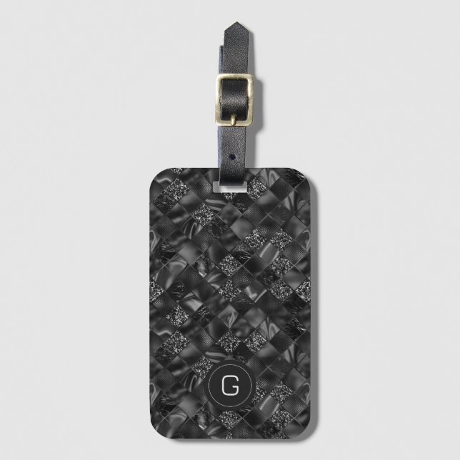 Etiqueta Para Maletas Patrón moderno monogramado negro falso Purpurina (Anverso vertical)
