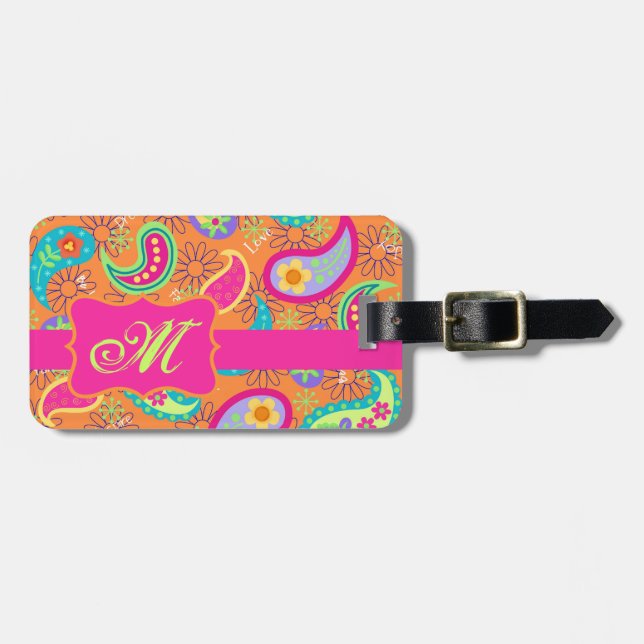 Etiqueta Para Maletas Patrón naranja rosado-moderno paisley Whimsy (Frente Horizontal)