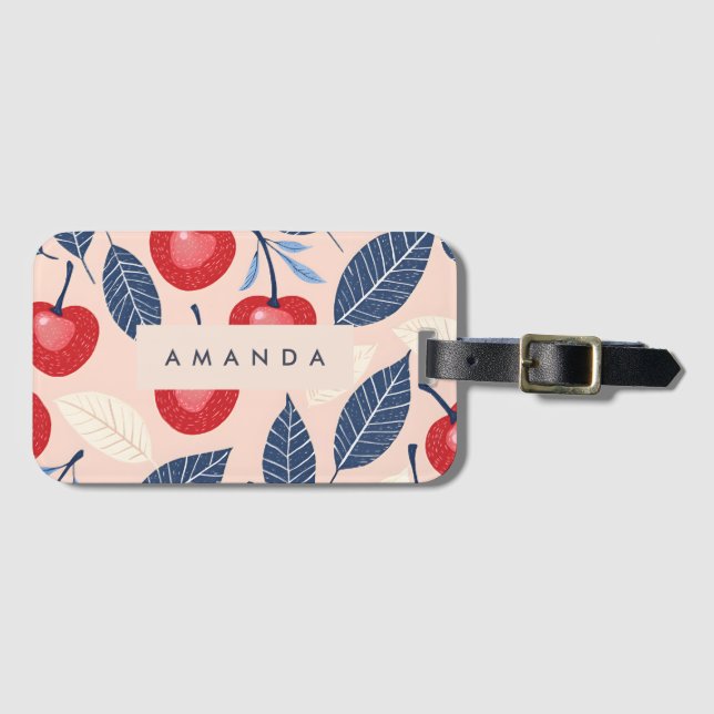 Etiqueta Para Maletas Patrón personalizado de cerezo y hoja monograma (Anverso horizontal)