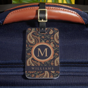 Etiqueta Para Maletas Patrón personalizado Oscuro Azul Beige Tan Paisley