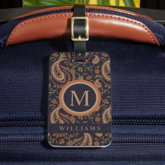 Etiqueta Para Maletas Patrón personalizado Oscuro Azul Beige Tan Paisley (Anverso In situ 2)