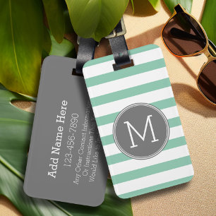 Etiqueta Para Maletas Patrón rayado de gris y menta con monograma