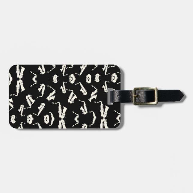 Etiqueta Para Maletas Patrón Saxofónico De Jazz Negro Y Blanco (Frente Horizontal)