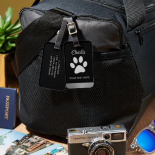 Etiqueta Para Maletas Paw de perro plateado sobre fondo negro