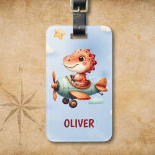 Etiqueta Para Maletas Pequeño Piloto Dinosauri Cute Volando Avión