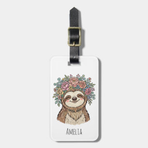 Etiqueta Para Maletas Perezoso Floral Adorable Personalizado con Corona 