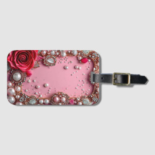 Etiqueta Para Maletas Perlas y una Rosa Roja Detallada