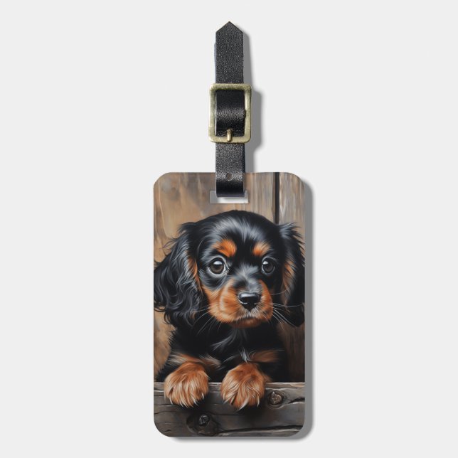 Etiqueta Para Maletas Perrito Cavalier negro y marrón (Frente Vertical)