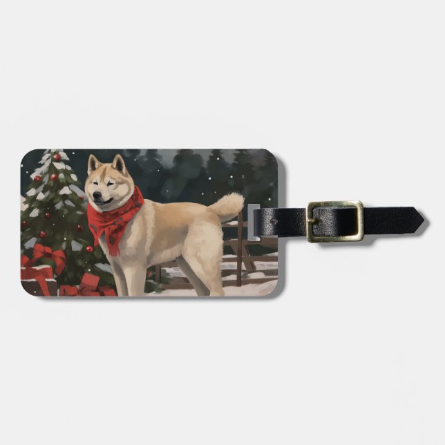 Etiqueta Para Maletas Perro Akita en Navidades de nieve (Frente Horizontal)
