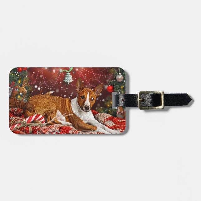 Etiqueta Para Maletas Perro Basenji Navidad Festiva (Frente Horizontal)
