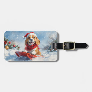Etiqueta Para Maletas Perro Beagle con manchas y Navidades de nieve