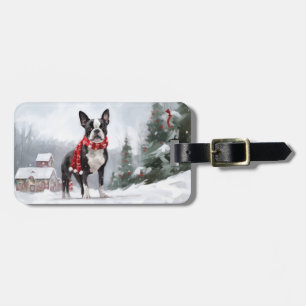 Etiqueta Para Maletas Perro Boston Terrier en Navidad Nieve 