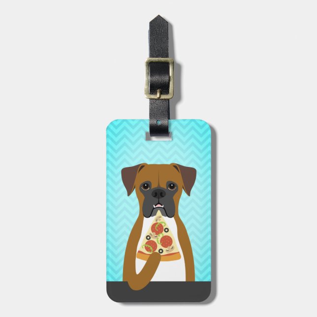 Etiqueta Para Maletas Perro Boxer comiendo rebanada de pizza (Frente Vertical)