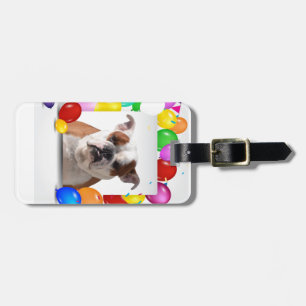 Etiqueta Para Maletas Perro bulldog con coloridos globos Tema del cumple