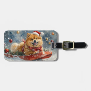 Etiqueta Para Maletas Perro Chow Chow en Trineo Deja que Nieve Navidad