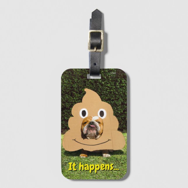 Etiqueta Para Maletas Perro con traje de Emoji de caca (Anverso vertical)