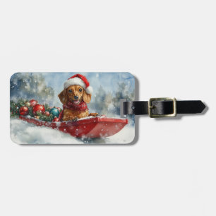 Etiqueta Para Maletas Perro Dachshund en Trineo Deja que Nieve Navidad