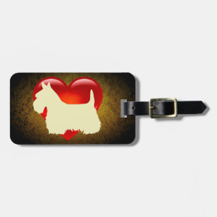 Etiqueta Para Maletas Perro de Scottish Terrier, corazón rojo, arco, oro