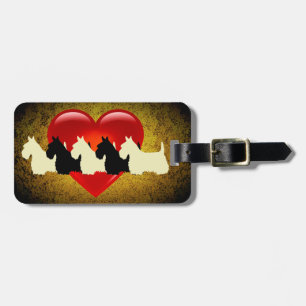 Etiqueta Para Maletas Perro de Scottish Terrier, corazón rojo, oro de gr