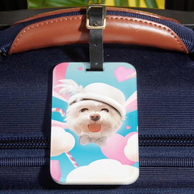 Etiqueta Para Maletas Perro esponjoso con Gorra blanco (Anverso In situ 2)