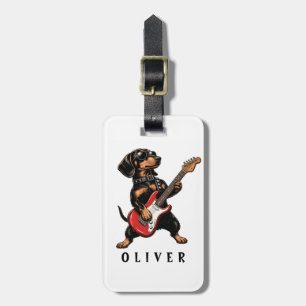 Etiqueta Para Maletas Perro salchicha Cool Rocker tocando guitarra eléct