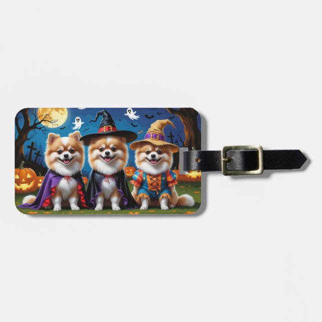 Etiqueta Para Maletas Perros de Pomerania Calabaza Halloween Gracioso (Frente Horizontal)