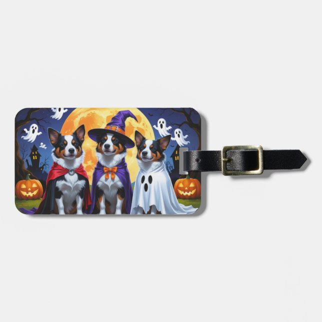 Etiqueta Para Maletas Perros Ganaderos Australianos Calabaza Halloween D (Frente Horizontal)