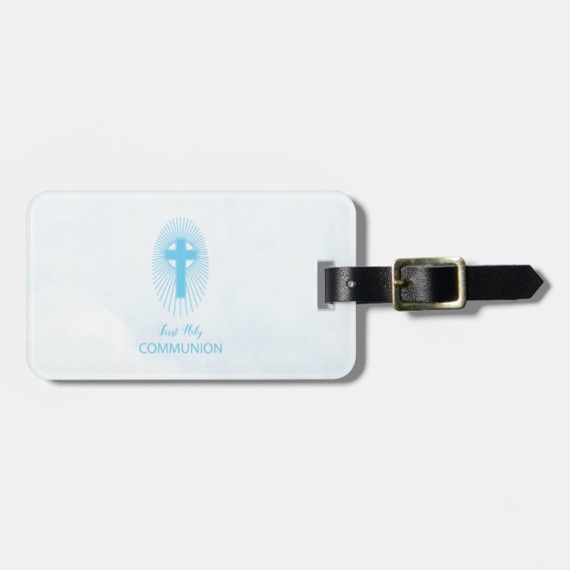 Etiqueta Para Maletas Personalice, Blue First Holy Communia Cross Host (Frente Horizontal)