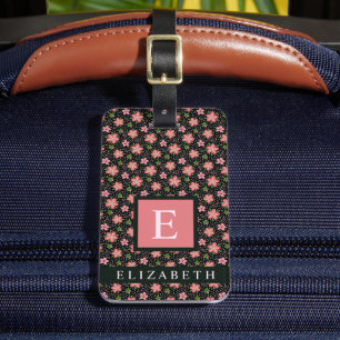 Etiqueta Para Maletas Personalizable Flores rosadas de color negro de pu