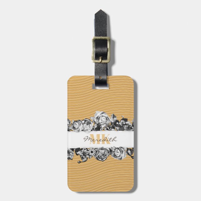 Etiqueta Para Maletas Personalizable Nombre Rosas Gold Moda Monograma Lu (Frente Vertical)