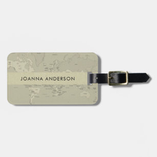 ETIQUETA PARA MALETAS PERSONALIZACIÓN DEL MAPA MUNDIAL RETRO GRAY BEIGE