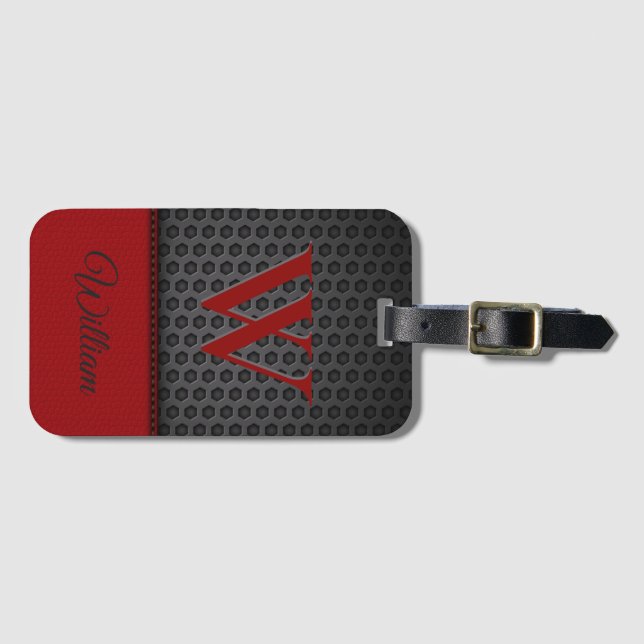 Etiqueta Para Maletas Personalizado Black Red Faux Leather Monogramado I (Anverso horizontal)