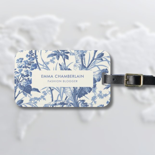 Etiqueta Para Maletas Personalizado Chinoiserie azul y blanco (Blue and White Floral Luggage tag with vintage and feminine style)
