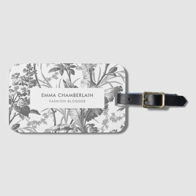 Etiqueta Para Maletas Personalizado Chinoiserie en blanco y negro botáni (Anverso horizontal)