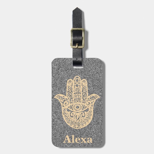 Etiqueta Para Maletas Personalizado Cute afortunado hamsa mano purpurina (Frente Vertical)