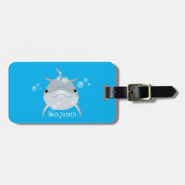 Etiqueta Para Maletas Personalizado de delfín kawaii feliz (Frente Horizontal)
