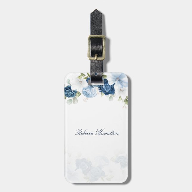 Etiqueta Para Maletas Personalizado de escritura floral azul turbulenta  (Frente Vertical)
