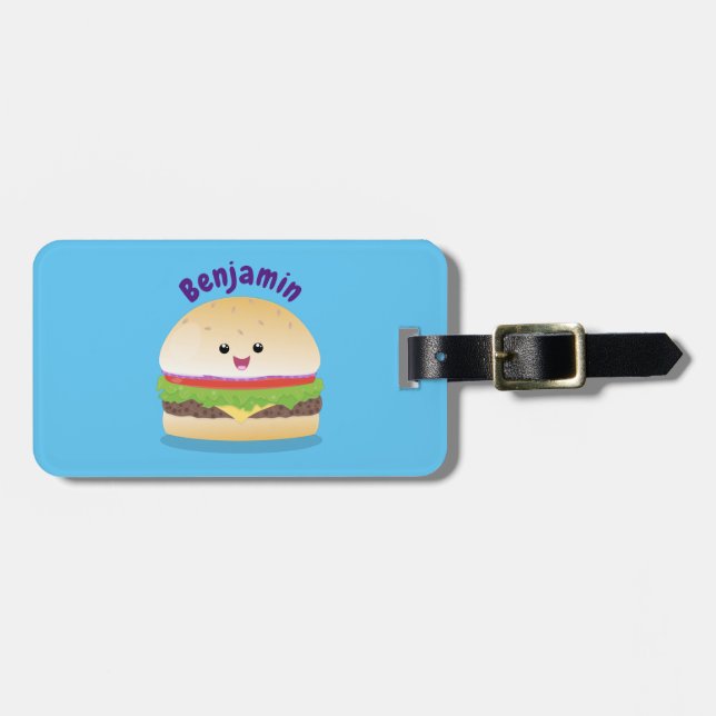 Etiqueta Para Maletas Personalizado de hamburguesa kawaii feliz (Frente Horizontal)