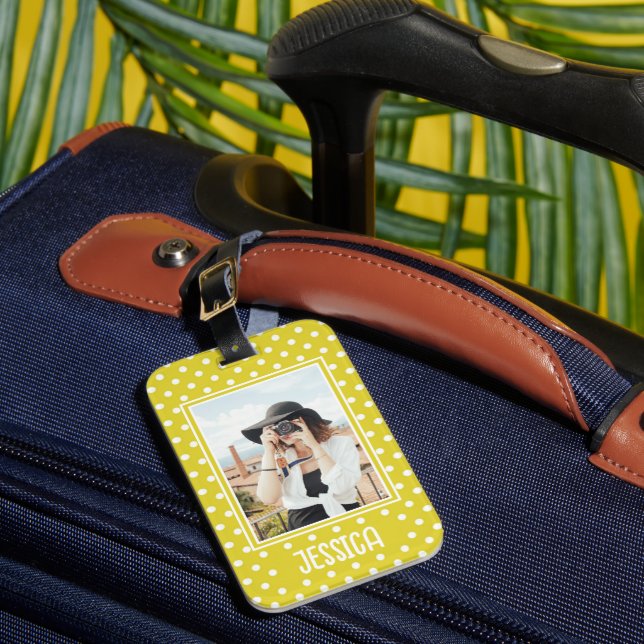 Etiqueta Para Maletas Personalizado de puntos de polka amarillo brillant (Anverso In situ 1)