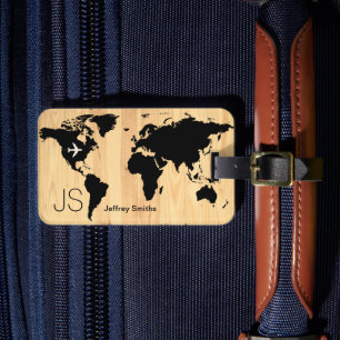Etiqueta Para Maletas Personalizado del Mapa del Mundo Negro