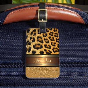 Etiqueta Para Maletas Personalizado Faux Leopard Skine Gold Leather Patt