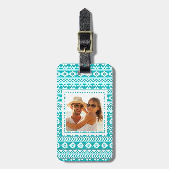 Etiqueta Para Maletas Personalizado Foto Verde azulada Grunge Aztec Tram (Frente Vertical)