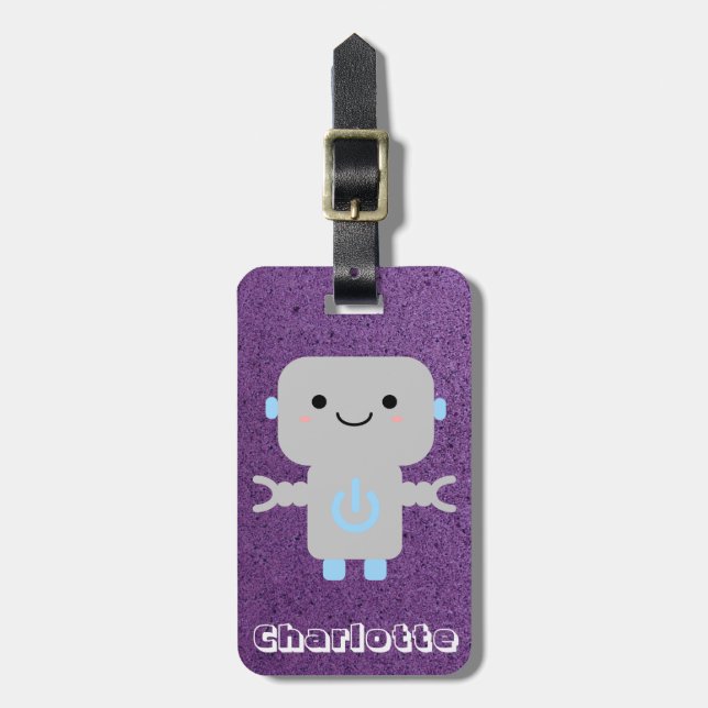 Etiqueta Para Maletas Personalizado lindo Robot Purple con nombre (Frente Vertical)