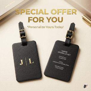 Etiqueta Para Maletas Personalizado Monograma Minimalista Negro y Dorado