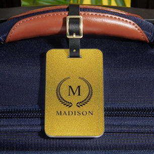 Etiqueta Para Maletas Personalizado Monograma Negro Dorado y Brillo Dora