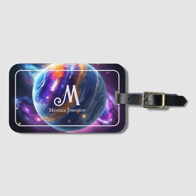 Etiqueta Para Maletas Personalizado Monograma Nombre Planeta Galaxia (Anverso horizontal)