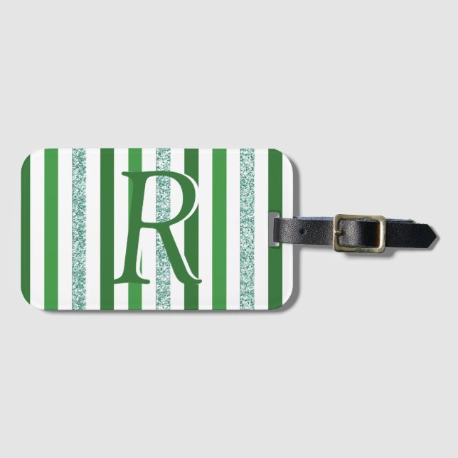 Etiqueta Para Maletas Personalizado monogramado de rayas Purpurinas de p (Anverso horizontal)